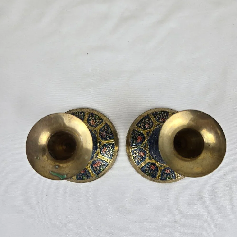 Vintage Persian Enamel on Brass Candlestick Holders Set of 2 Floral Blue Gold